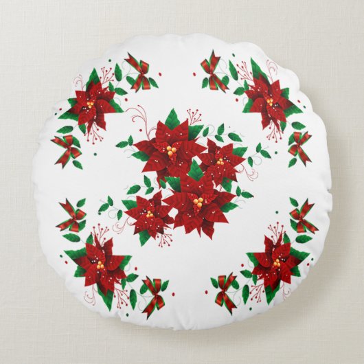 美しいクリスマスレッドフラワーラウンドピロー ラウンドクッション (正面)