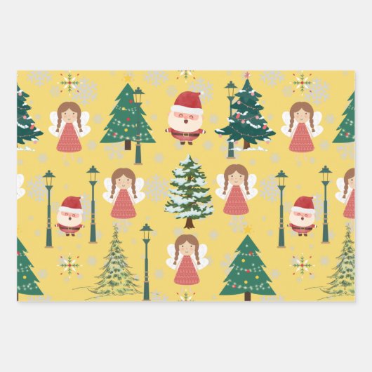 美しいクリスマス模様の木サンタ赤ホワイトグリーン ラッピングペーパーシート (正面3)