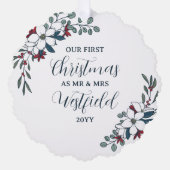 美しいクリスマス花模様1stクリスマス結婚した オーナメントカード (正面)