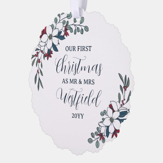美しいクリスマス花模様1stクリスマス結婚した オーナメントカード (左)