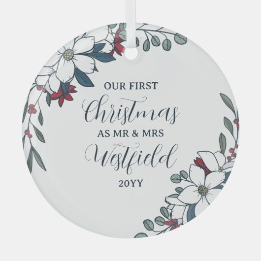 美しいクリスマス花模様1stクリスマス結婚した ガラスオーナメント (正面)