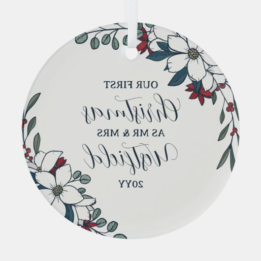美しいクリスマス花模様1stクリスマス結婚した ガラスオーナメント (裏面)