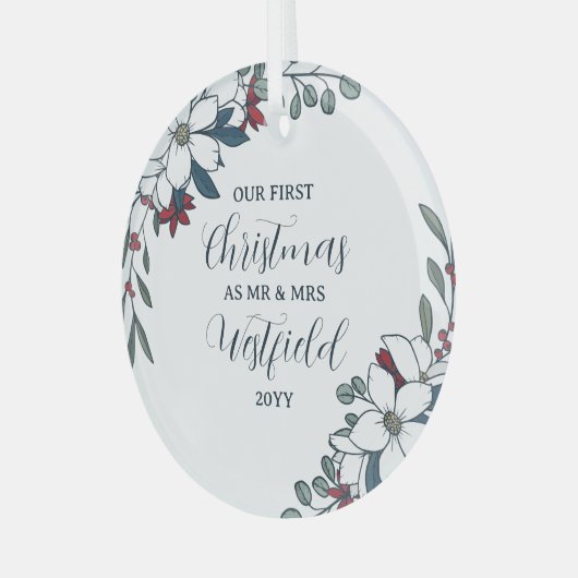 美しいクリスマス花模様1stクリスマス結婚した ガラスオーナメント (正面左)