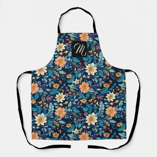 美しいクリーム，オレンジと青のフローラ エプロン (正面)