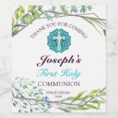 美しいクロスブルーフローラファーストホーリーコミュニオン ワインラベル (シングルラベル)