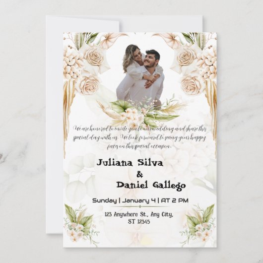 美しいグリーンとベージュの結婚式招待状 招待状 (正面)