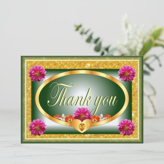 美しいグリーンフローラデザインサンキューカード 招待状 (スタンド正面)