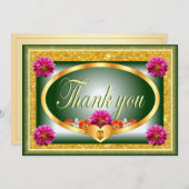 美しいグリーンフローラデザインサンキューカード 招待状 (正面/裏面)