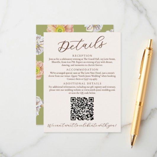 美しいグリーン結婚フローラの詳細とQRコード エンクロージャーカード (正面/裏面インサイチュ)