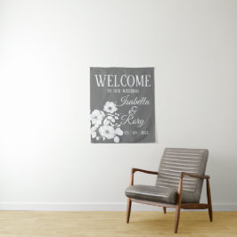 美しいグレーとホワイトの花柄の結婚式ウェルカムサイン タペストリー