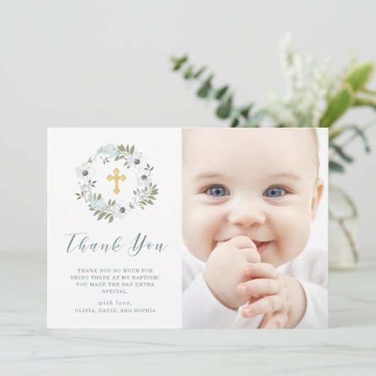 美しいグレーと白のフローラ |写真バプテスマ サンキューカード (スタンド正面)
