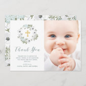 美しいグレーと白のフローラ |写真バプテスマ サンキューカード (正面/裏面)