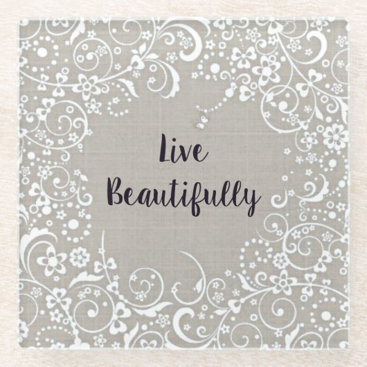 美しいグレー リネン調 ヴィンテージ ガラスコースター (正面)