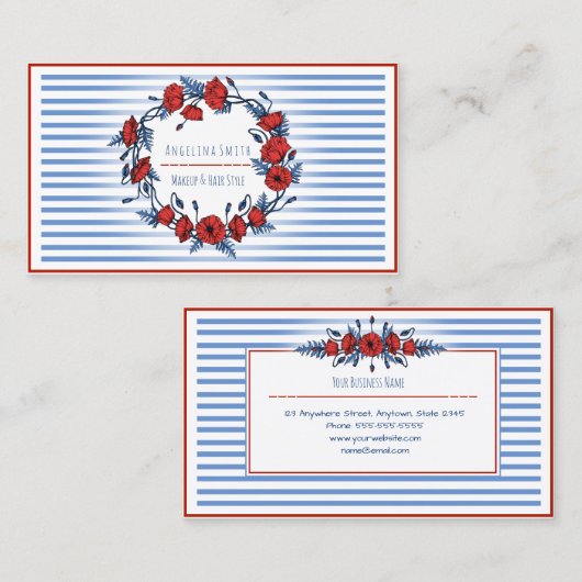 美しいケシのリースの花柄は及び縞で飾ります 名刺 (正面/裏面)