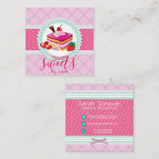 美しいケーキベーカリーピンクの名刺 スクエア名刺 (正面/裏面)