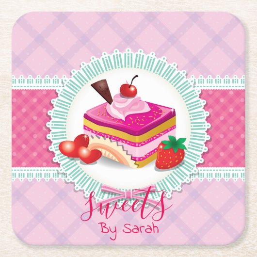 美しいケーキベーカリーピンクコースター スクエアペーパーコースター (正面)
