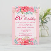 美しいコーラルピンクの花柄の80歳の誕生日パーティー 招待状 (スタンド正面)