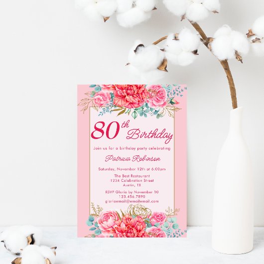 美しいコーラルピンクの花柄の80歳の誕生日パーティー 招待状