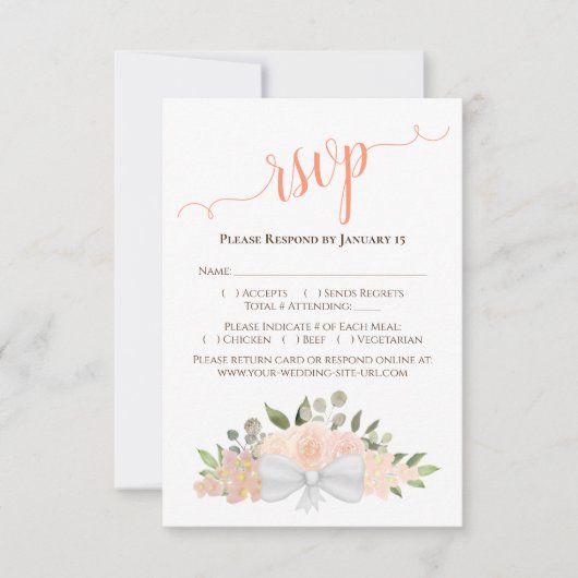 美しいコーラルピーチウォーターバラ結婚ズ 出欠カード (正面)