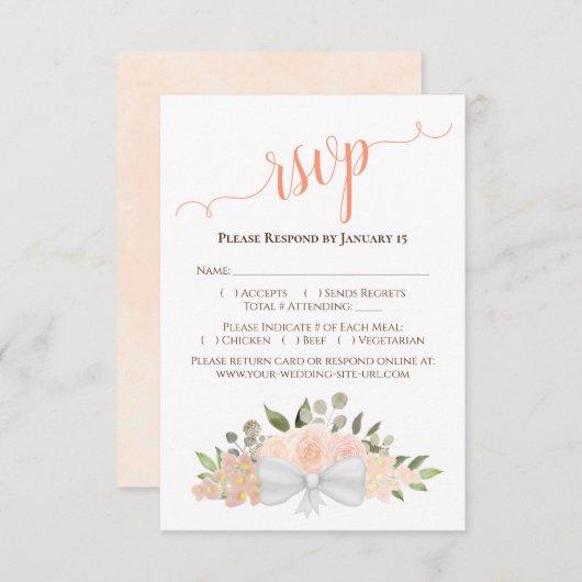 美しいコーラルピーチウォーターバラ結婚ズ 出欠カード (正面/裏面)