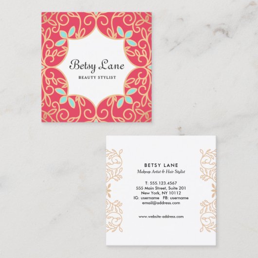 美しいコーラルレッドローズ金ゴールドスワーズ美しいサロン スクエア名刺 (正面/裏面)