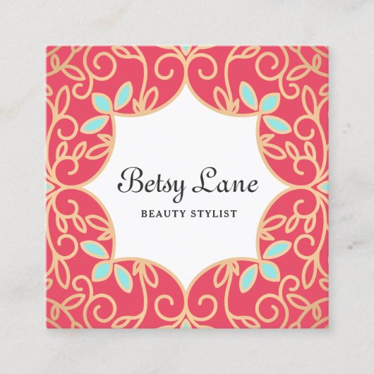 美しいコーラルレッドローズ金ゴールドスワーズ美しいサロン スクエア名刺 (正面)