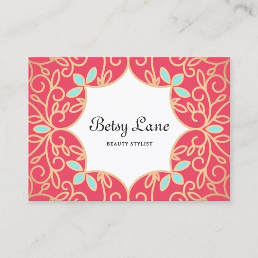 美しいコーラルレッドローズ金ゴールドスワーズ美しいサロン 名刺 (正面)