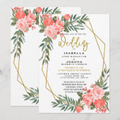 美しいコーラル フローラル 招待状 (正面/裏面)