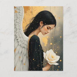 美しいゴシックエンジェルと白いバラの天上的デザイン ポストカード