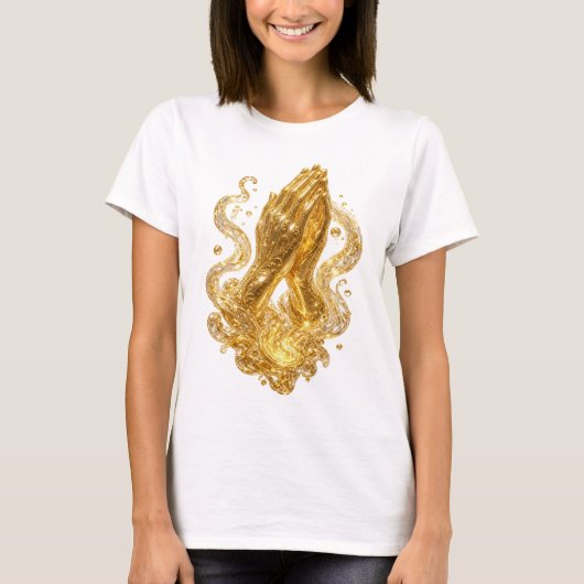 美しいゴールドの祈りの手スローガンTシャツ Tシャツ (正面)