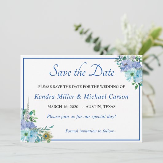 美しいサファイアブルーの花の「Save The Date」お知らせ セーブザデート (スタンド正面)