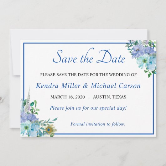 美しいサファイアブルーの花柄の「Save The Date」カード セーブザデート (正面)