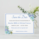 美しいサファイアブルーの花柄の「Save The Date」カード セーブザデート (スタンド正面)