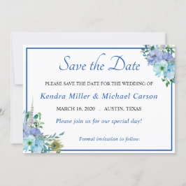 美しいサファイアブルーの花柄の「Save The Date」カード セーブザデート