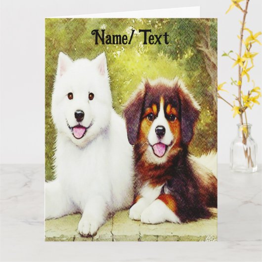 美しいサモエード&イングリッシュシェパップス カード (黄色い花)