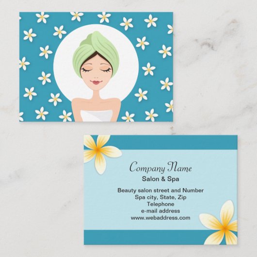 美しいサロンまたはスパ名刺-ティール(緑がかった色)青 名刺 (正面/裏面)