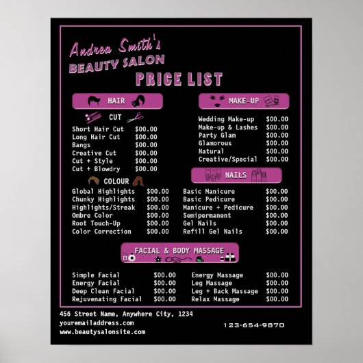 美しいサロンサービス価格リストモダンブラックピンク ポスター (正面)