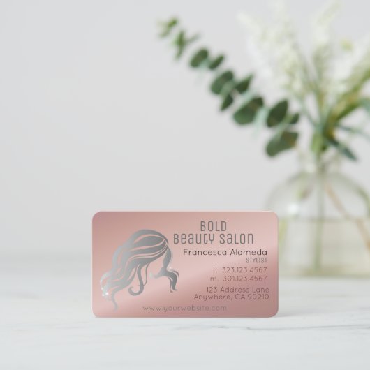 美しいサロンスタイリストメタリックバラ金ゴールド+シルバー 名刺 (スタンド正面)