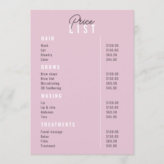 美しいサロントリートメントメニューサービス価格表 メニュー (正面)