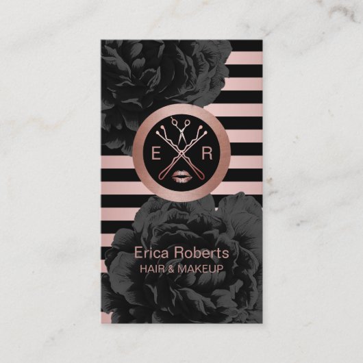 美しいサロンブラックフローラモダンバラストライプ金ゴールド 名刺 (正面)