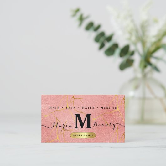 美しいサロンヘアメイクアップアーティストバラ金ゴールド 名刺 (スタンド正面)