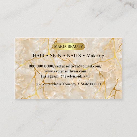 美しいサロンヘアメイクアップアーティストブラウン金ゴールド大理石 名刺 (裏面)