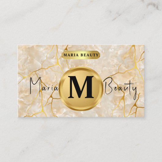美しいサロンヘアメイクアップアーティストブラウン金ゴールド大理石 名刺 (正面)