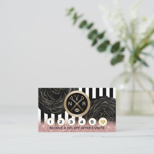 美しいサロンロゴブラックフローラストライプ ロイヤリティカード (スタンド正面)