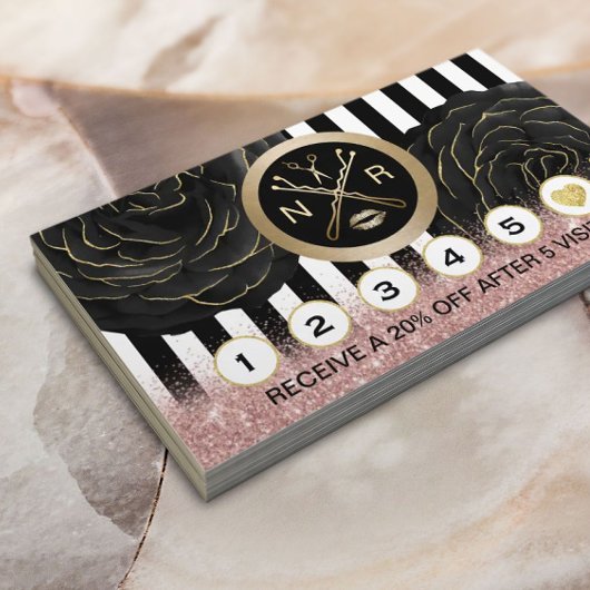 美しいサロンロゴブラックフローラストライプ ロイヤリティカード