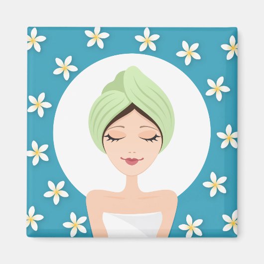 美しいサロン又はスパ女包まれたタオルティール(緑がかった色)ブルー マグネット (正面)