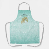 美しいサロン名アクアブルー+金ゴールドグリッタースタッフ エプロン (正面)