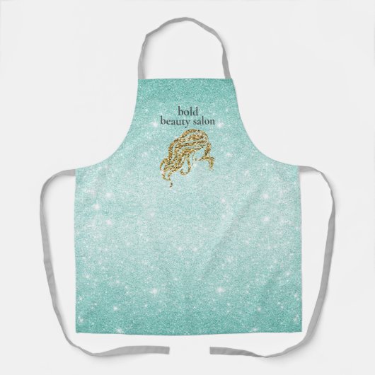 美しいサロン名アクアブルー+金ゴールドグリッタースタッフ エプロン (正面)