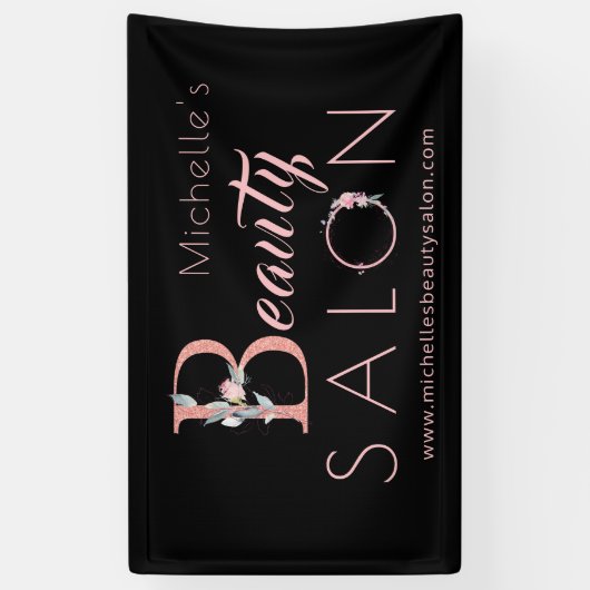美しいサロン名ピンクフローラグリッターグラムブラック 横断幕 (縦)