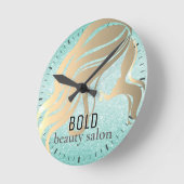 美しいサロン名メタリック金ゴールドアクアブルーグリッター ラウンド壁時計 (傾斜)